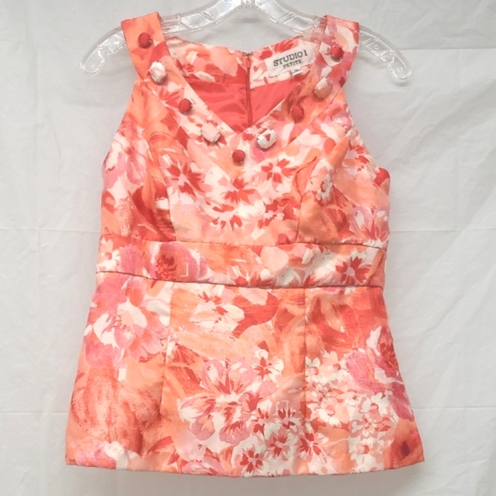 Tank Top Blouse Floral Red Pink White Contrast Print Zippered Dressy
